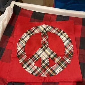 New Pottery Barn Denver Plaid Peace Sign Appliqué Christmas Pillow Cover, 18”
